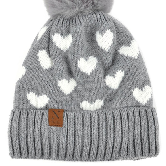 WOMEN'S GRAY HEARTS AND POM POM BEANIE HAT - Picture 2 of 5